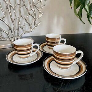 Bowring Espresso Cup & Saucer Set (3) | Brown Stripe Ceramic Coffee Cups | Vinta
